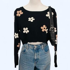 LA Hearts Black Floral Long Sleeve Crop Top